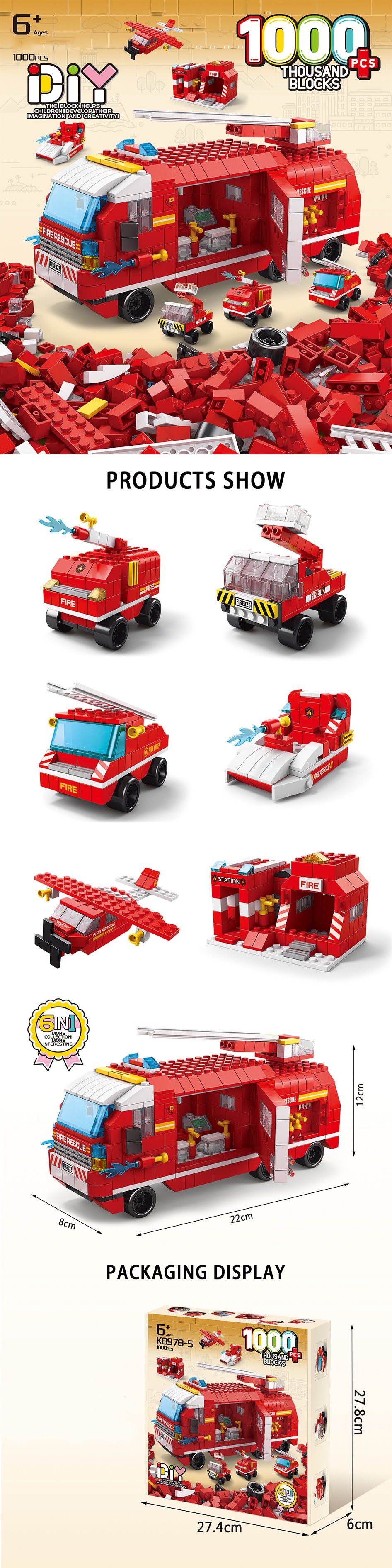 HANDSOME BUILDING BLOCK SERIES FIRETRUCK 1000 PCS K8978-5