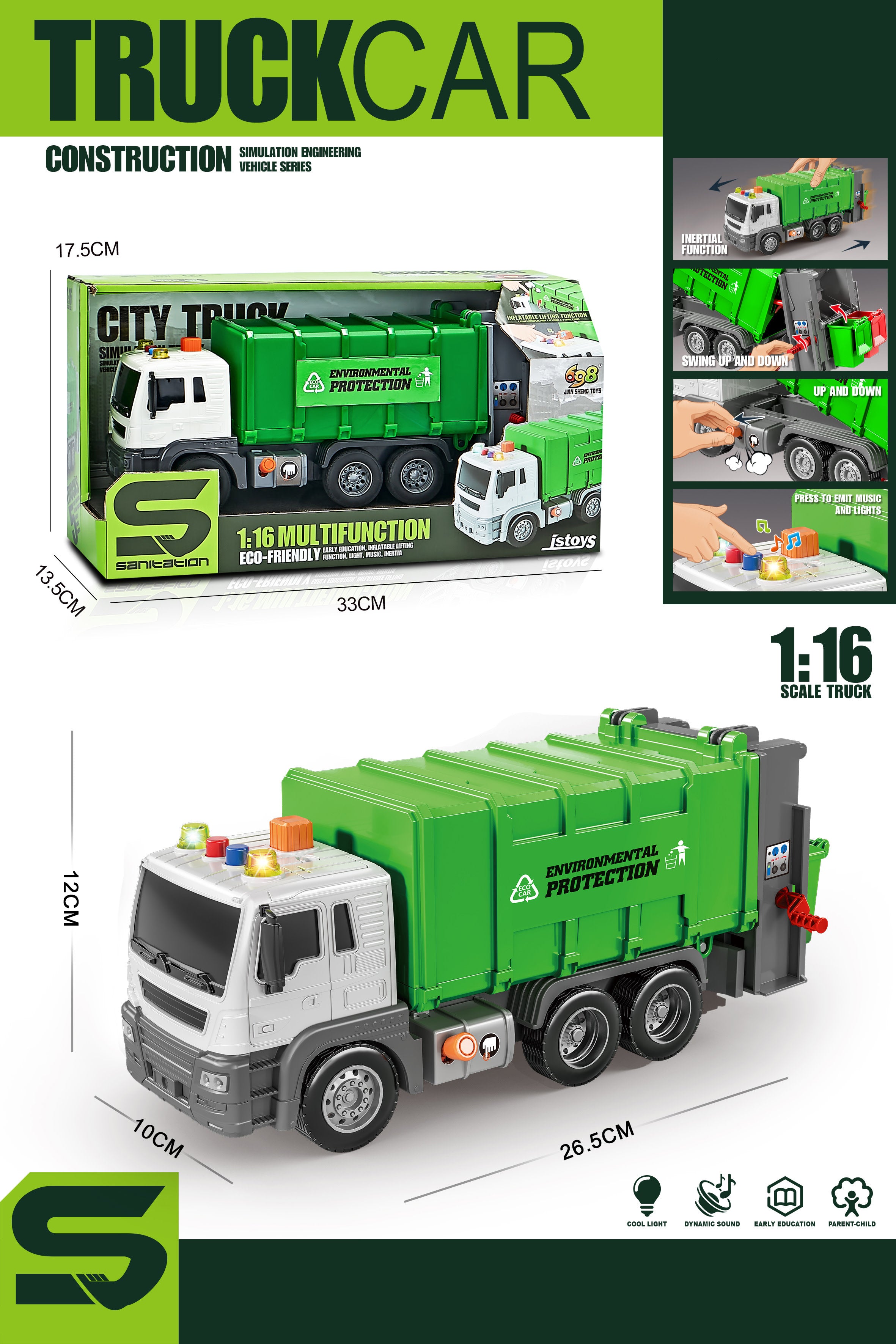 HANDSOME 1:16 GREEN RECYCLYE GARBAGE TRUCK JS108