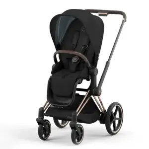 CYBEX PLATINUM E-PRIAM STROLLER ROSE GOLD FRAME AND DEEP BLACK SEAT PACK