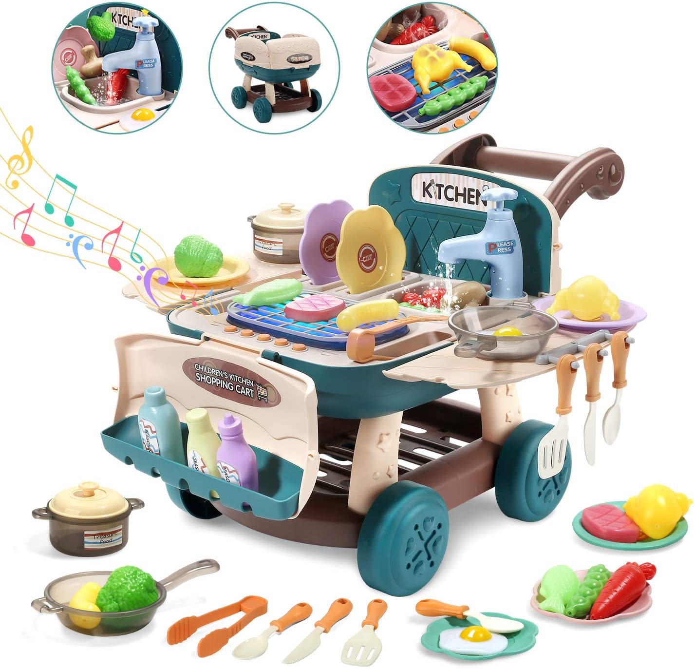 CUTE STONE KIDS PLAY KITCHEN TOY SHOPPING CART PLAYSET